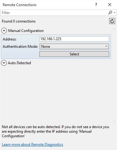 Connecting to Windows 10 IoT Remote Machine - manual configuration