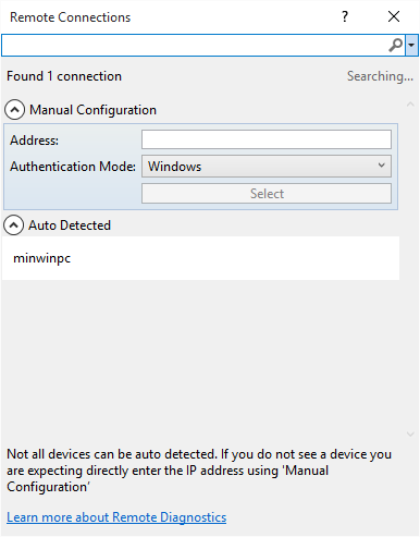 Connecting to Windows 10 IoT Remote Machine auto detected